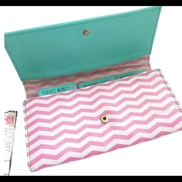 NWT BEAUTY JUNKY (ASOS) Let’s Get Jet Set Passport Holder Pink/Teal One Size - Picture 7 of 8